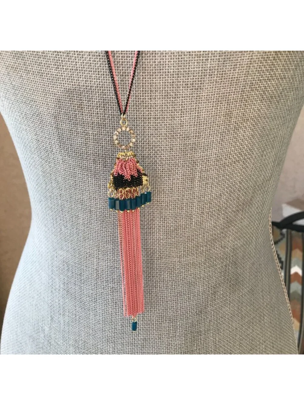 NWT Anthropologie Boho Festival Jewelry Pink Long Beaded Chain Tassel Necklace